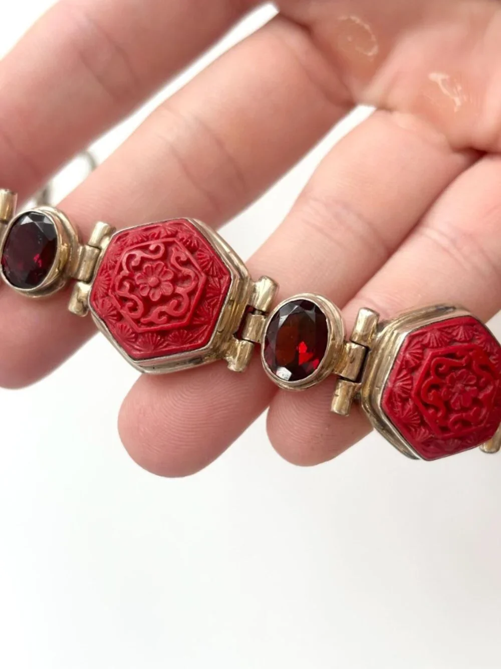 Cinnabar Hand Carved Sterling Silver Octagon Vintage Chainlink 925 Bracelet